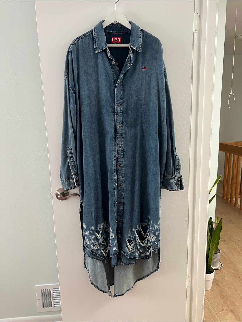 Diesel Blue Distressed Denim Midi Shirt Dress